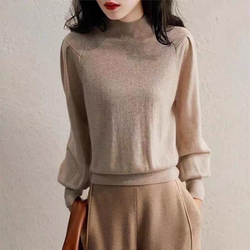 Half High Neck Pullovers & Lantern Long Sleeves Women Knitted Sweater Solid Color Base Shirts
