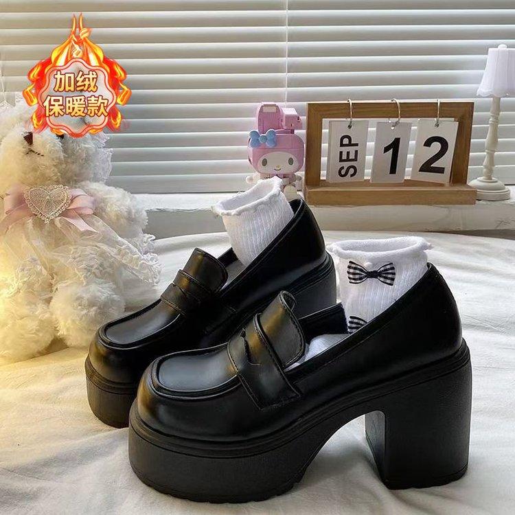 British style small leather shoes  winter new Spice Girl platform-soled velvet single shoes high-heeled warm loafers