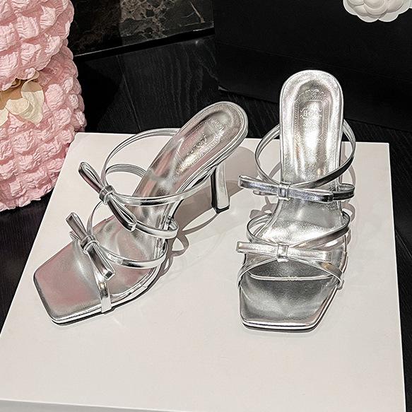 

Slippers women s high-end spring and summer new sweet bow square toe high heels 35 срібний