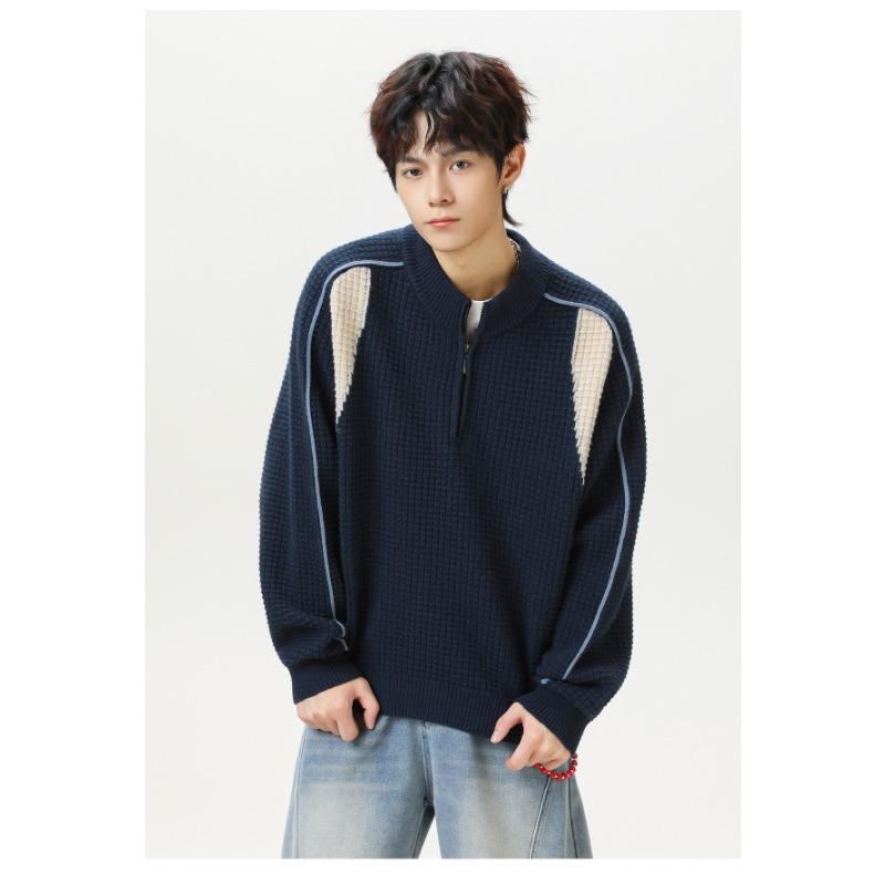 Men S Couple Color Block Half Zip Round Neck Warm Knit Sweater