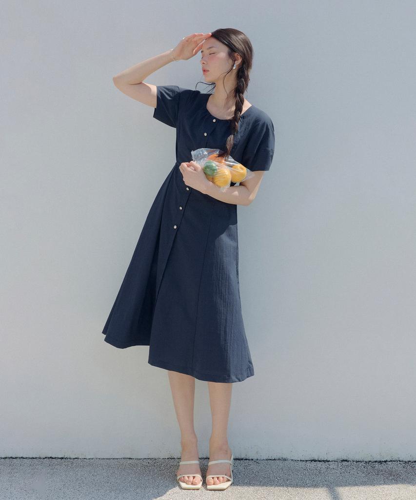 Roem Shirred Neck Short Sleeve Long Dress Rmowg37R13