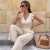 Summer Women's Jumpsuit V Neck Ruffle Sleeveless High Waist Wide Leg Pants Casual Elegant Back Bow Tie One Piece Outfits for Vacation