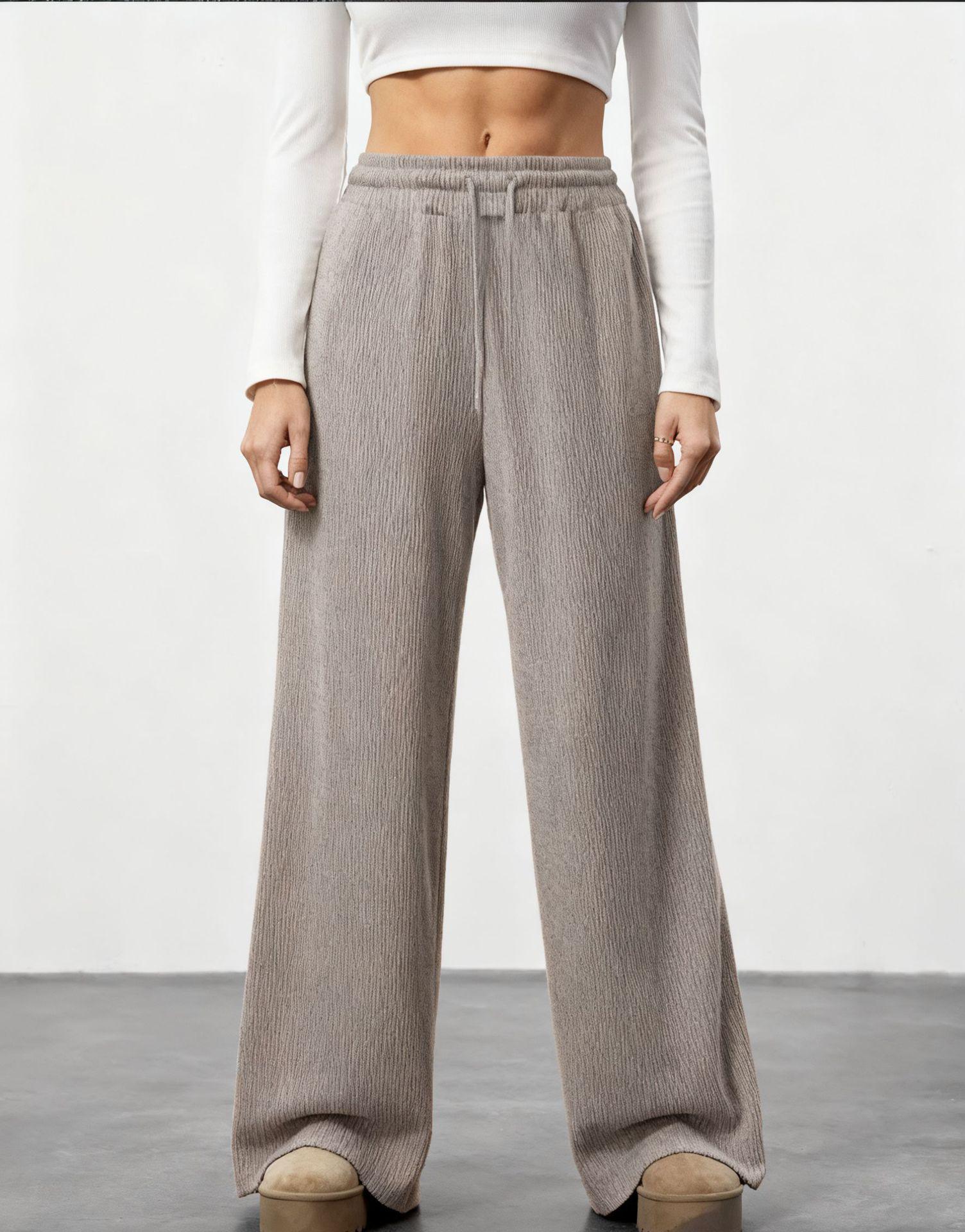 

European & American Women s High-Waisted Ribbed Wide-Leg Pants with Drawstring & Pockets Small хаки