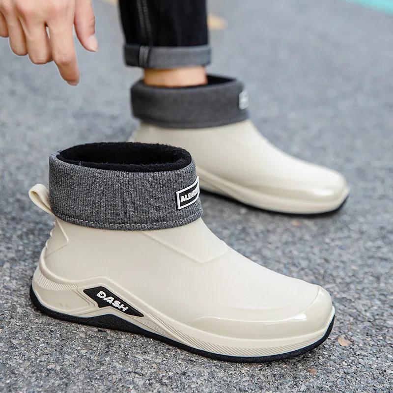 Men's Rain Boots New Short Tube Rain Boots Outdoor Waterproof and Anti Slip Fishing Shoes with Cotton Lightweight Rain Shoes