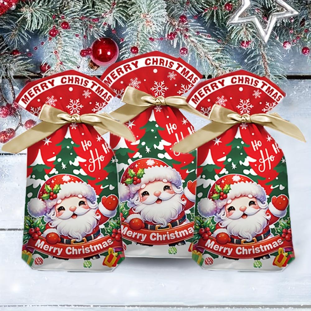 50pcs Christmas Drawstring Gift Bags, Festive Cartoon Reindeer, Santa, Snowman Designs, Plastic Party Favor Pouches with Ribbons for Holiday Presents