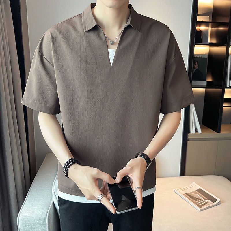 

V-образный вырез Однотонный Летняя Простота На каждый день Мужская Одежда Мода Повседневный Новый С коротким рукавом Черный Белый Свободные Футболки Топ 4XL коричневый