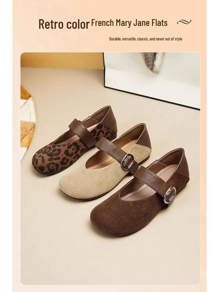 2025 Autumn Retro Korean Leopard Print Sheepskin Mary Janes with Hidden Heel & Soft Sole