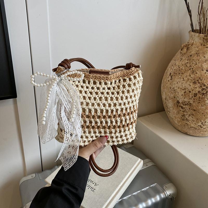 Simple Solid Color Woven Women Casual Shoulder Crossbody Bag With Pendant For Casual Beach Vacation And Daily Use