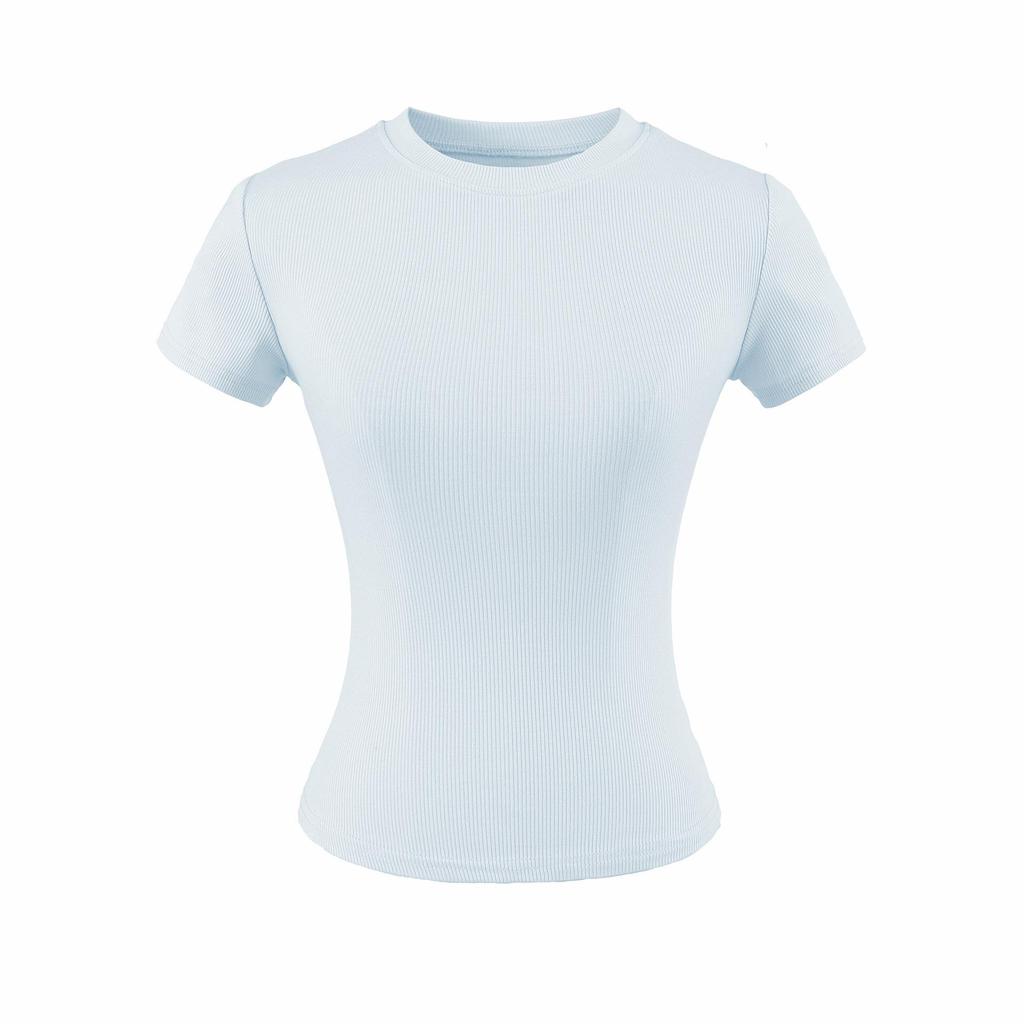 Women's Summer Stretch Slim Fit Ribbed Crop Top - Round Neck, Short Sleeve, Solid Color