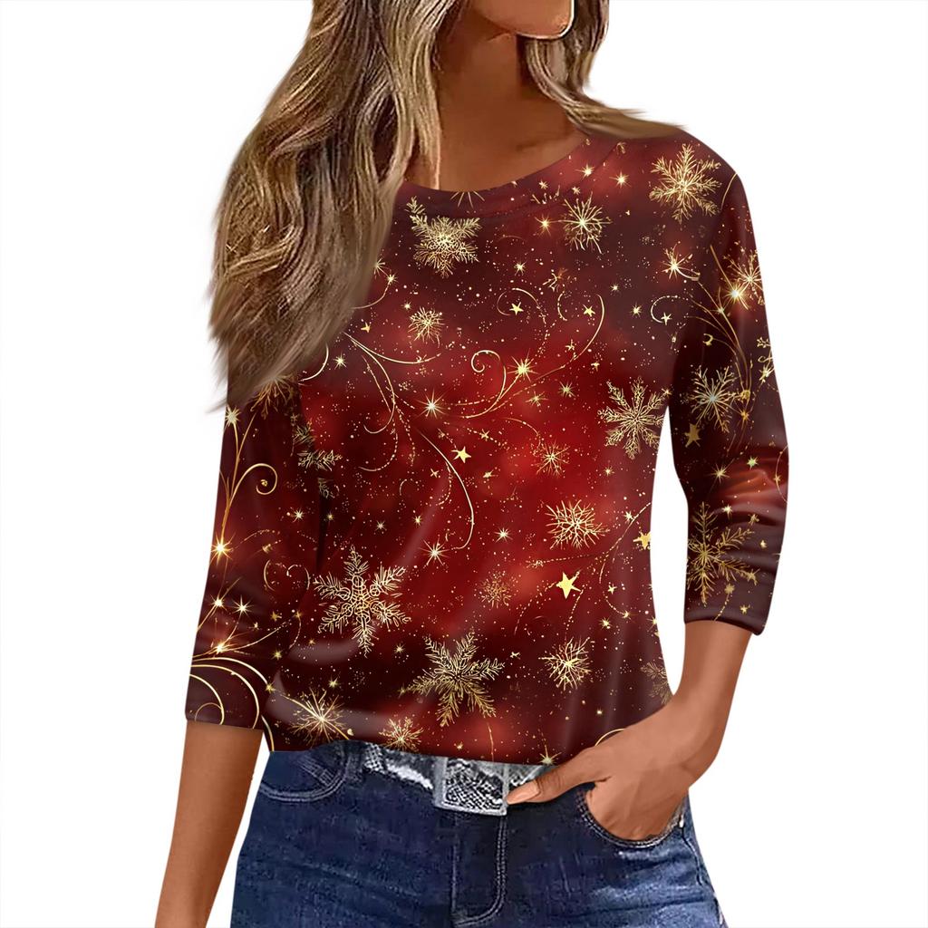Women's T Shirt Christmas Print 3/4 Sleeve Daily Weekend Fashion Basic Round Neck Regular Top