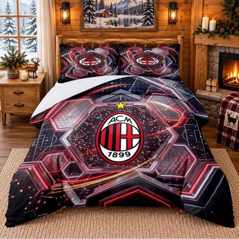Drukowany komplet pościeli 3-częściowy Wzór AC Milan Prześcieradło Poszewka na poduszkę Do dekoracji sypialni