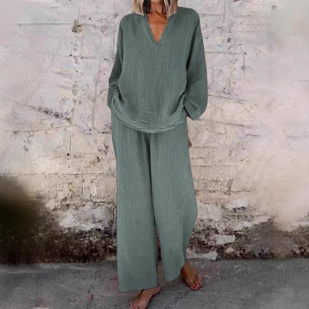 Damen Hellblaues V-Ausschnitt Locker Geschnittenes Oberteil und Weitbein Hosen Set, Lässiges Baumwollleinen Outfit