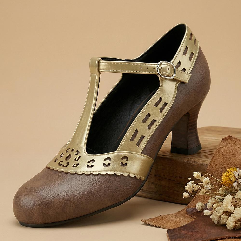 Women T-Strap Pumps  Kitten High Heels Cutout PU Shoes Small Oversize Plu Size 32 50