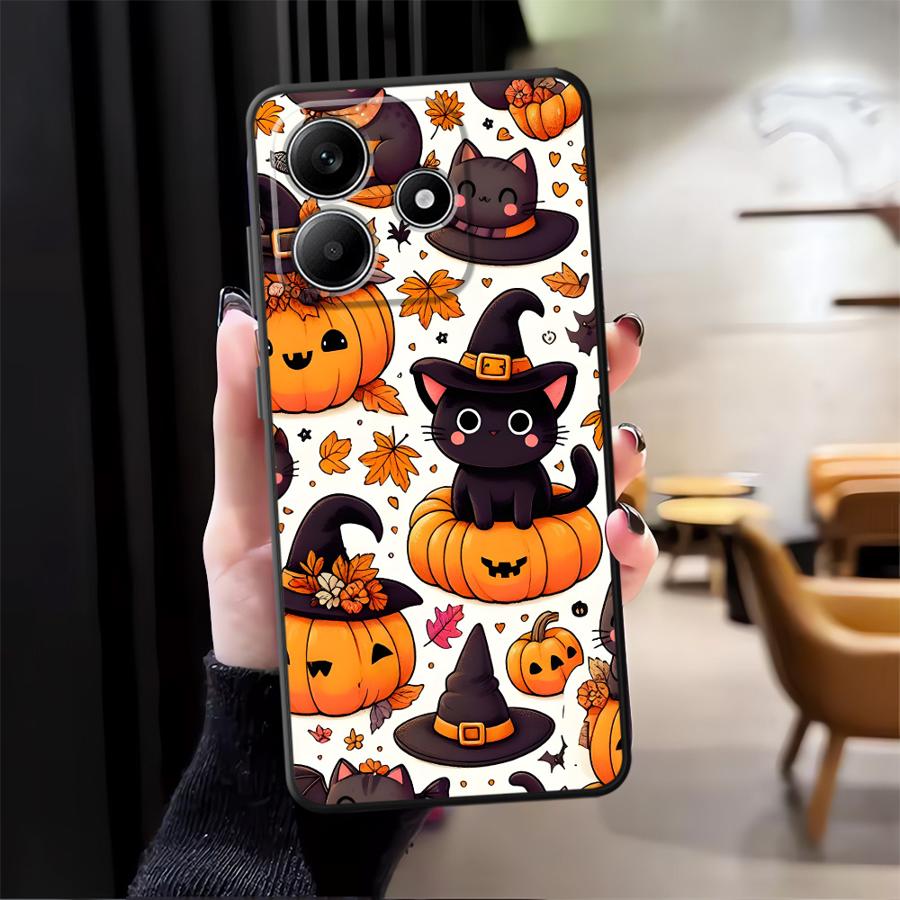 Case for Xiaomi Redmi Note 9S 9 10 11 12 Pro 11s 13 14 Pro Plus 12s 10S 7 8 Black Soft Phone Cover Pumpkin Cat