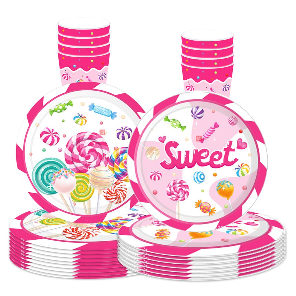 Sweet Candy Theme Party Disposable Tableware Pink Lollipop Plates Cups Napkins Kids Girls Happy Candy Birthday Party Supplies