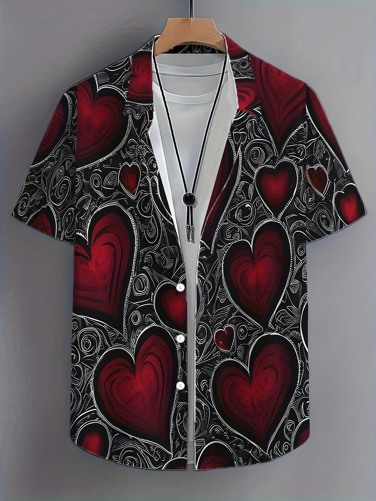 Men's Casual Hawaiian Shirt with Heart Print, 100% Polyester, Short Sleeve, Button Front, Collared, Regular Fit, 120g/m² - Spring/Summer Beachwear