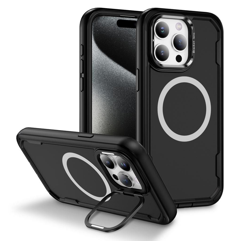 For iPhone 15 Pro Case Compatible with MagSafe Lens Frame Kickstand TPU+PC Shockproof Phone Cover