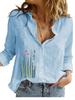 Damen Mode Baumwolle Leinen Bluse Frühling&Sommer Lässig Locker Oberteil Damen Blumenprint Langarm Hemd