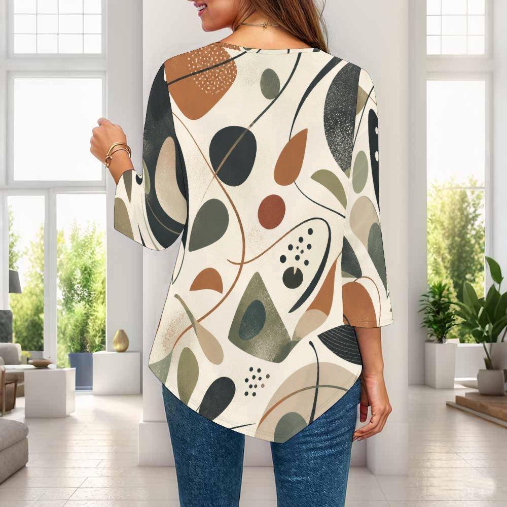 Women Plus Size Round Neck Three Quarter Sleeve Abstract Printed Pointed Hem Blouse