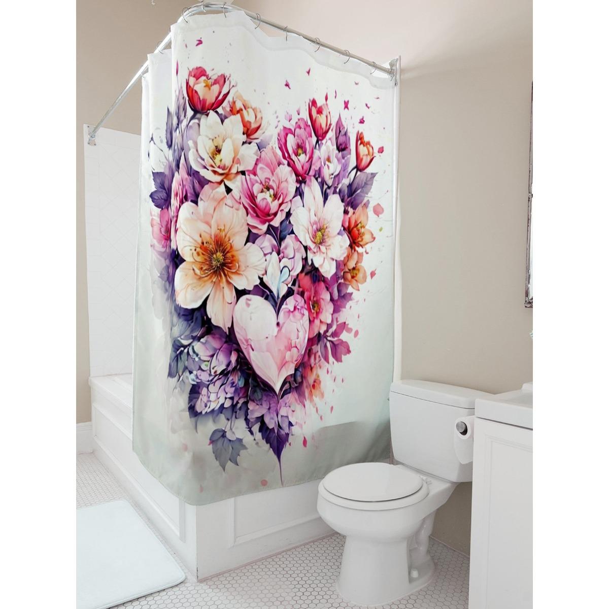

Watercolor Floral And Heart Print Shower Curtain For Bathroom Decoration W60H190(CM)-1 Pcs