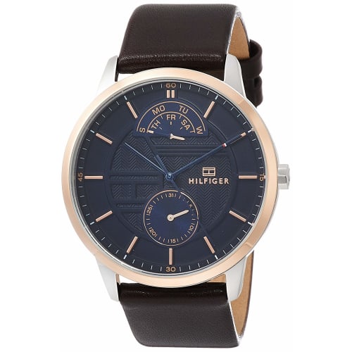 

Tommy Hilfiger Hunter Multi-Function Watch, Navy Dial, Stainless Steel, Dark Brown Leather, 44mm, Men s, 1791605