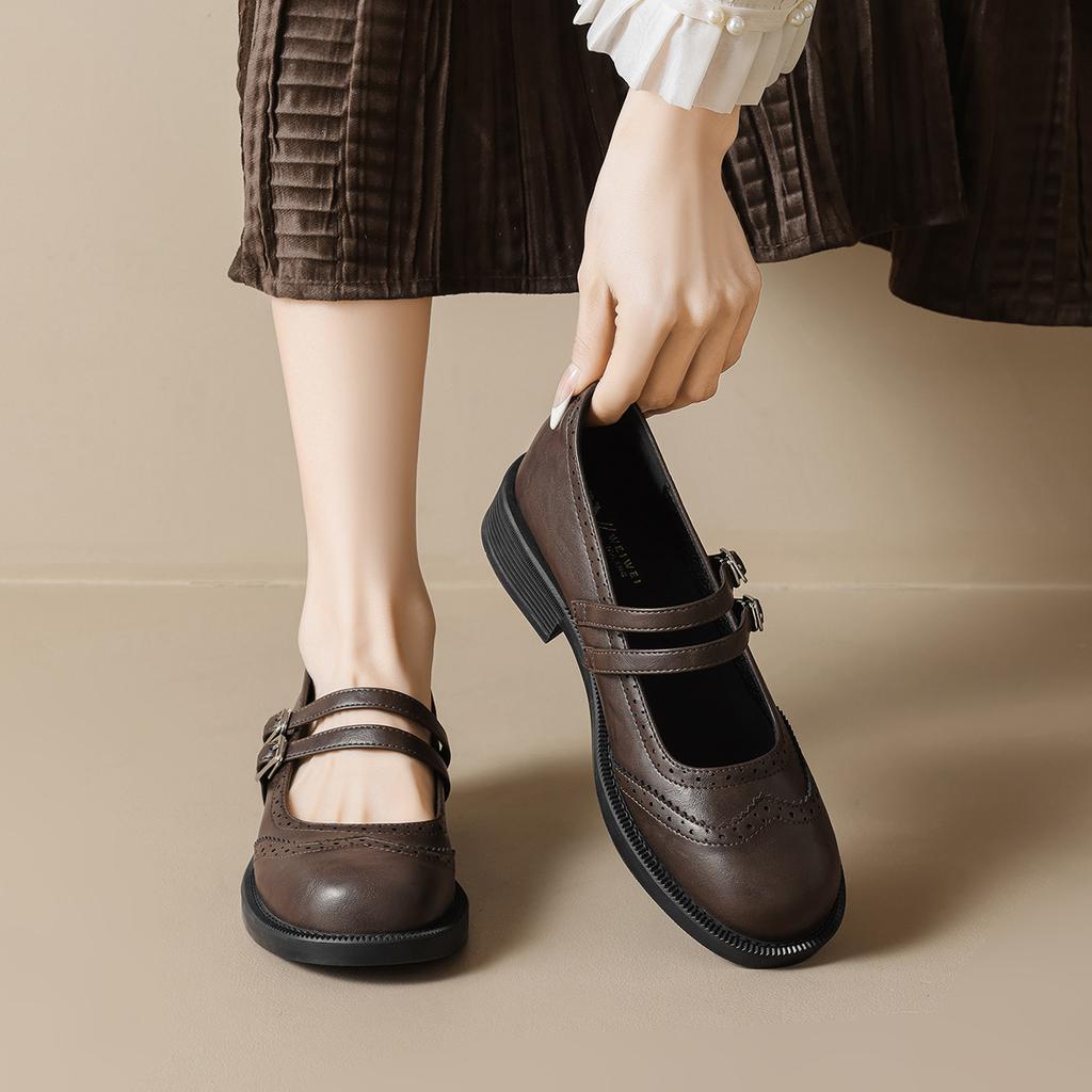 1024-2 Vintage Thick-Soled Mary Jane Small Leather Shoes Women'S Dress Carved Double-Strap Single Shoes Chunky Heel