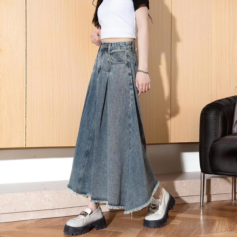 

Tangshi Women s High-Waist Pleated Raw Hem Denim Maxi Skirt S