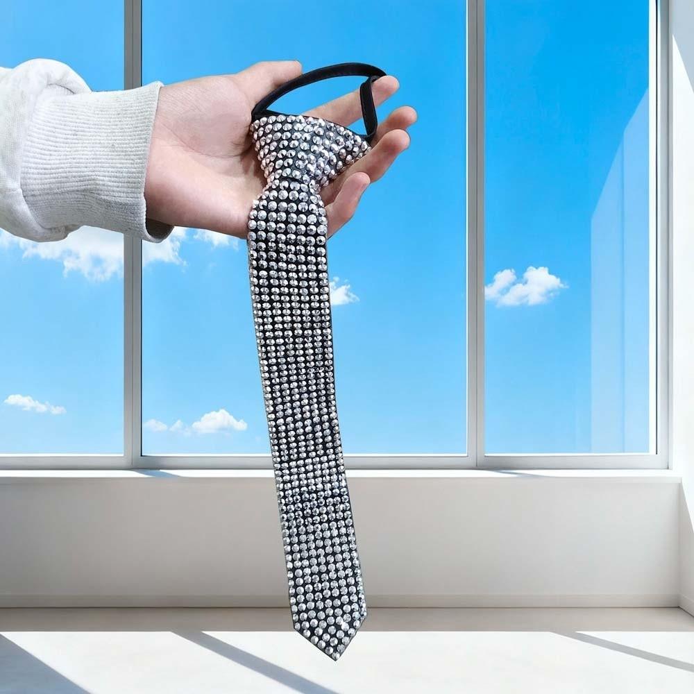 Black Full Rhinestone Tie Choker Pre-tied Tie Y2K Punk Style Long Necktie Students
