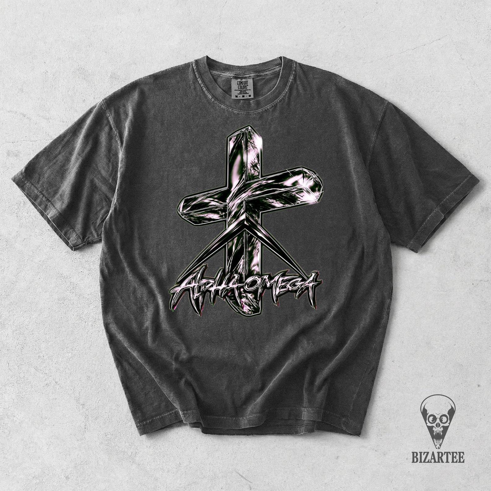 Christian Grunge Shirt, Alpha Omega Cross T-Shirt, Y2K Chrome Shirt XL