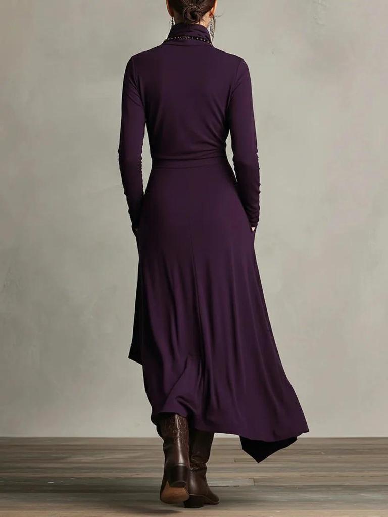 2025 European Women's Solid Color Long Sleeve Turtleneck Maxi Dress