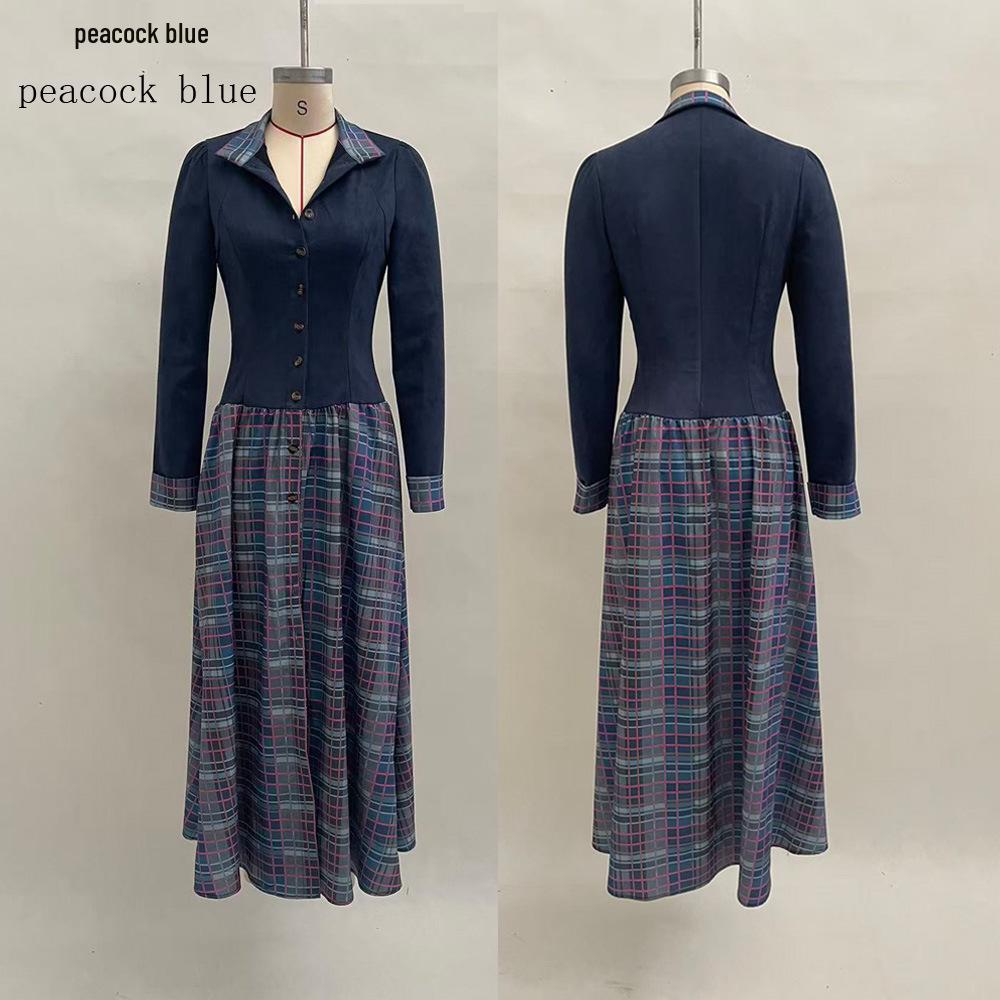 2025 Autumn/Winter Green Velvet Patchwork Long Sleeve Women s Striped Maxi Dress L