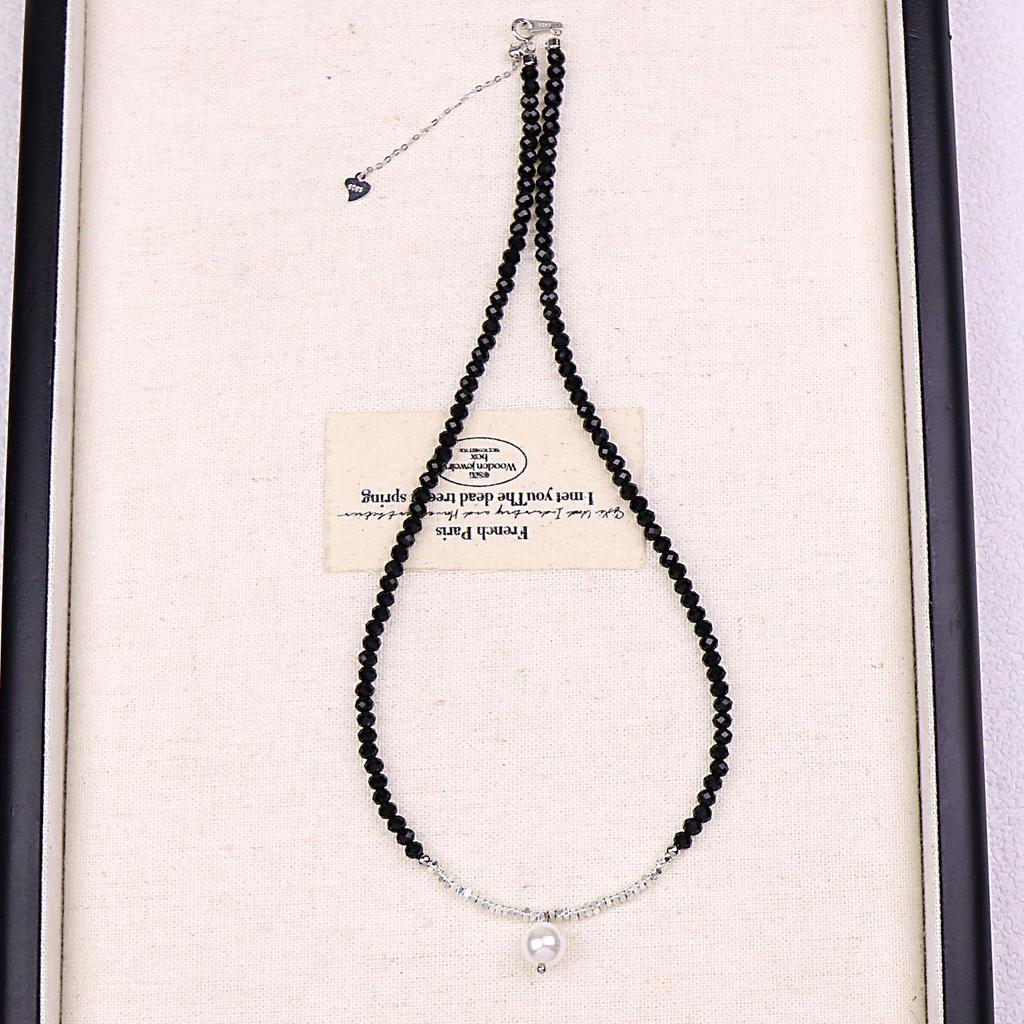 Damen High-End Schwarzkristall & Silberperlen-Halskette: Elegant, Vielseitig und Exquisites Fashion-Statement.