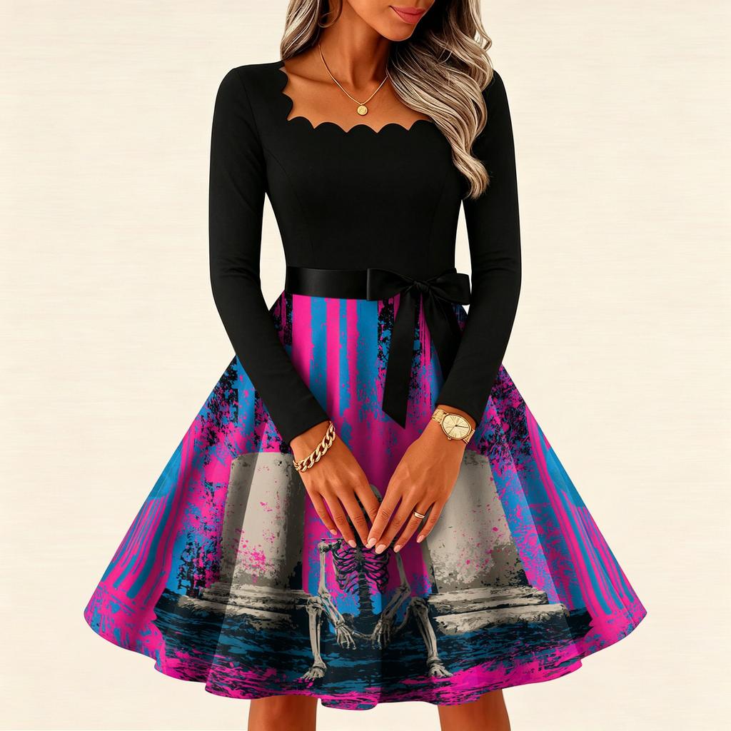 Women's Vintage Long Sleeve Square Neck Dress with Halloween Print for Party Evening Wear