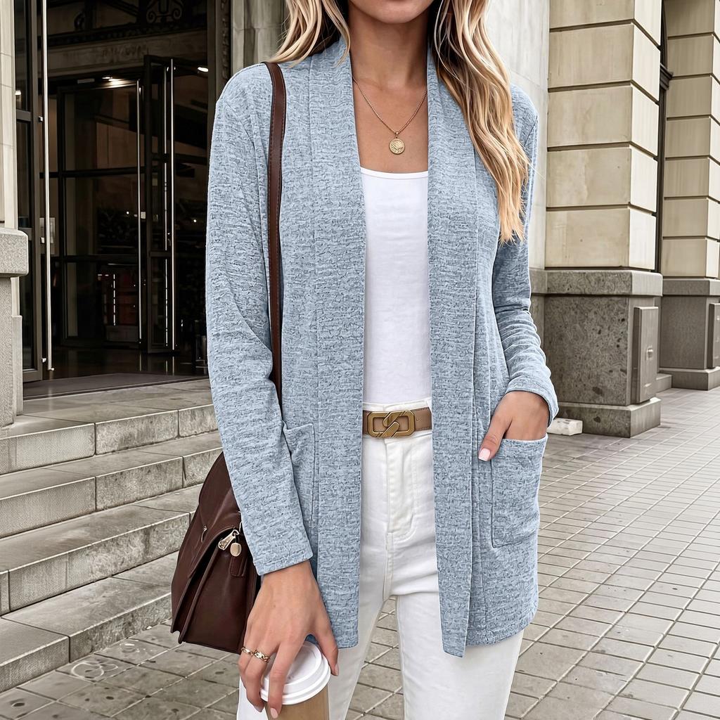 Women's Casual Long Sleeve Open Front Cardigan Knit Sweater with Pockets Lightweight Soft Comfortable Layering Top