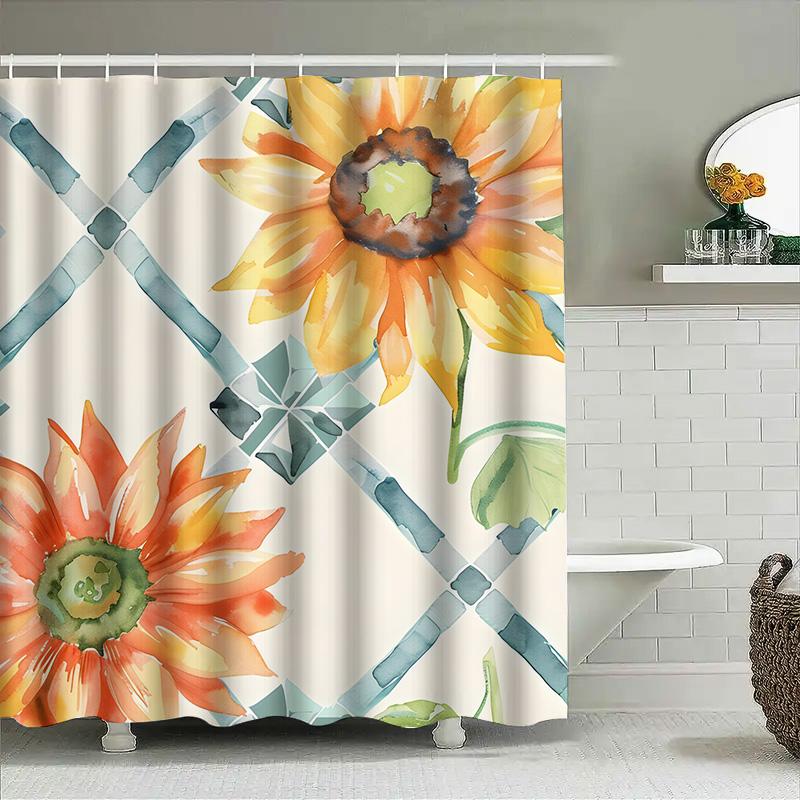 Sunflower Shower Curtain Rustic Boho Design With Green Stripes White Backdrop For Bathroom Decorations Waterproof Fabric Materia