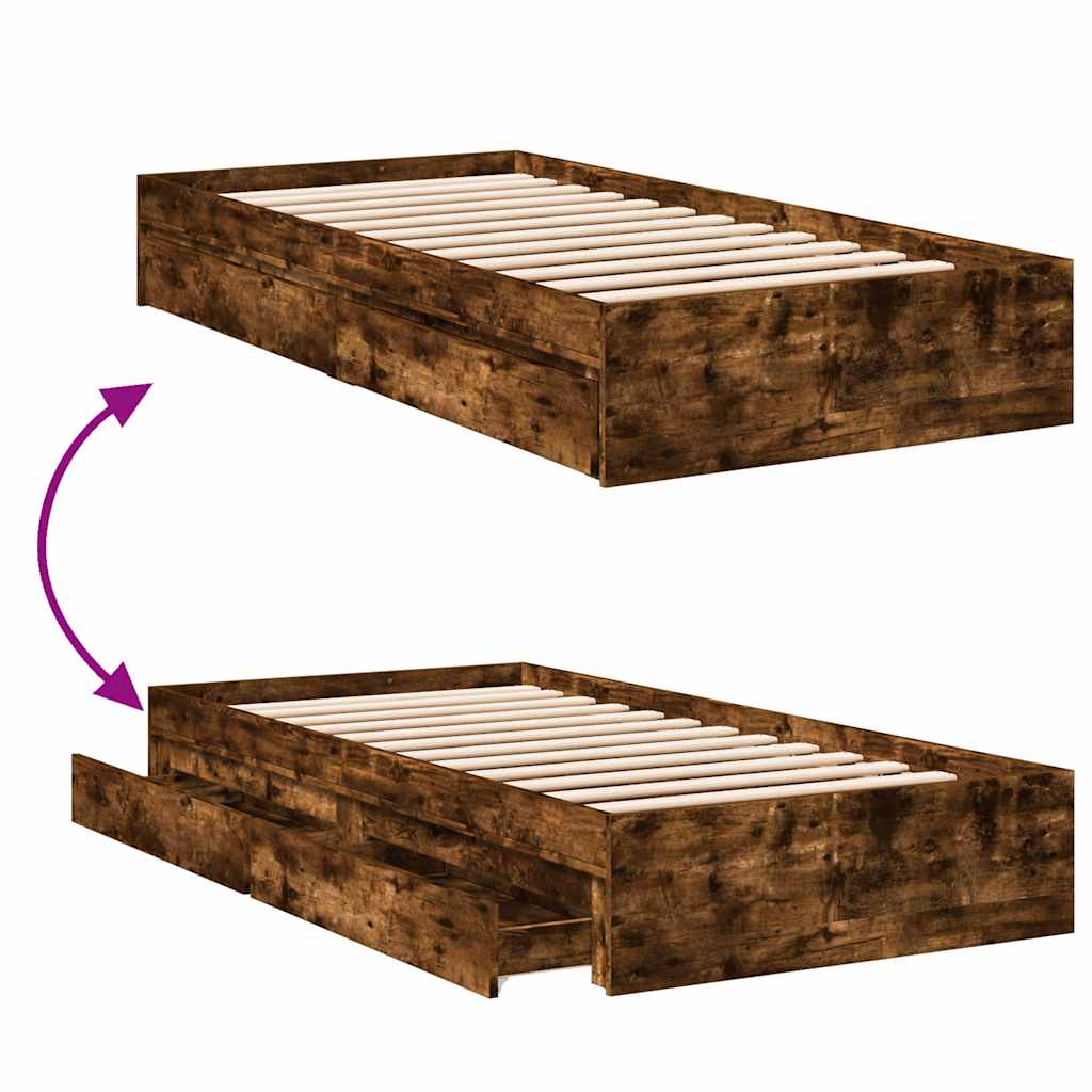Bed Frame with Drawers Smoked Oak 90x190 Cm Wood Based Panel