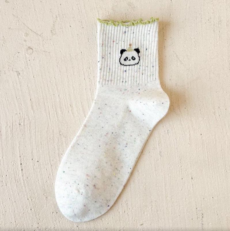 Polka Dot Panda Embroidery Cotton Mid-Calf Socks - Cute Japanese Style for Spring and Autumn