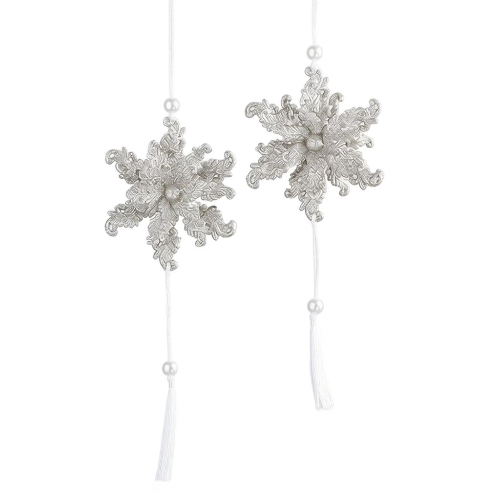 Christmas Tree Ornaments Set of 2, Glitter Hollow Snowflake Heart Butterfly Hanging Decorations with Tassel Flower Design
