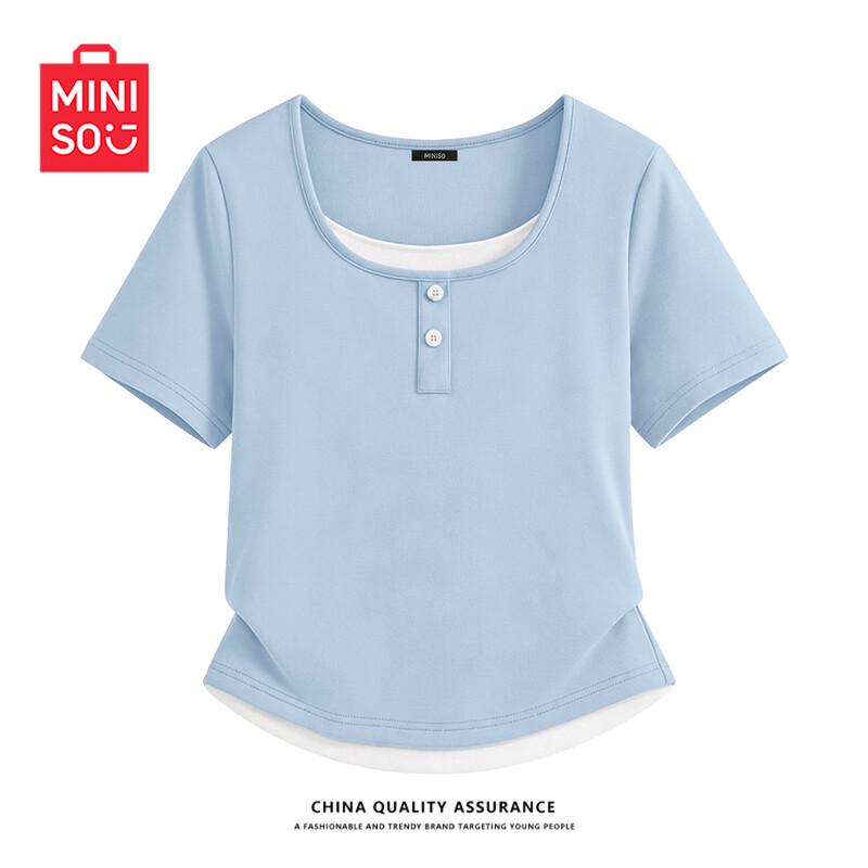 MINISO Women s Faux Two-Piece Henley T-Shirt M