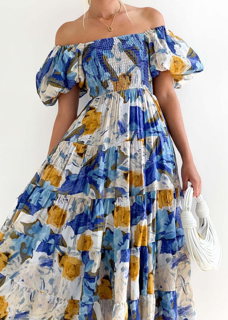 New European and American, Popular Square Neck Lantern Sleeves High Waist One-word Shoulder Dress Loose and Long