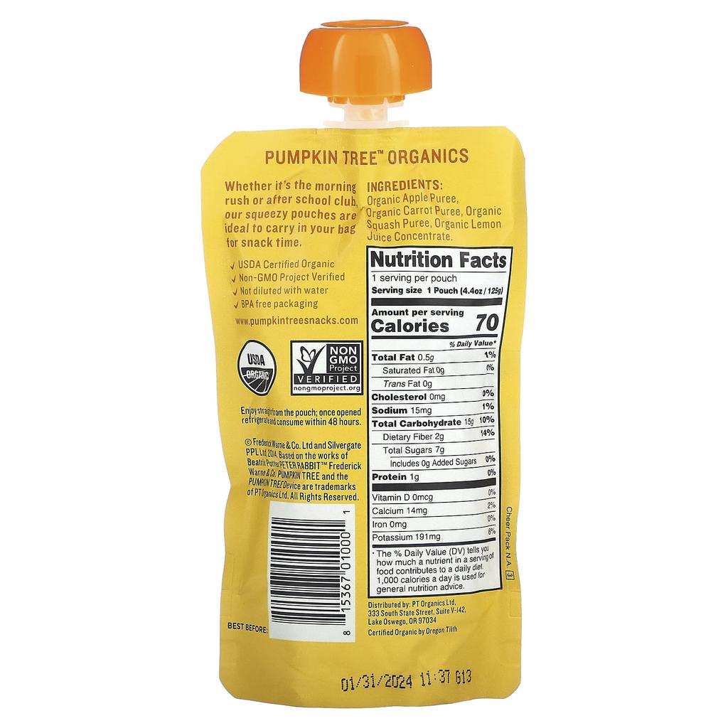 Pumpkin Tree Organics Peter Rabbit Organics, Organic Fruit and Vegetable Puree, Apple, Carrot, and Squash Flavors, 125g (4.4oz)