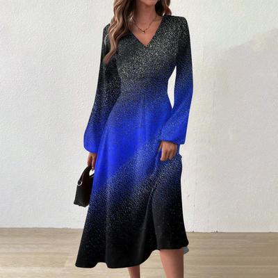 Damen Herbst und Winter Casual Fashion V-Ausschnitt Langarm Print Langes Kleid