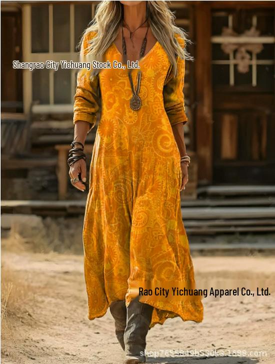 2026 Spring Retro V-neck Long-sleeved Plus Size Dress