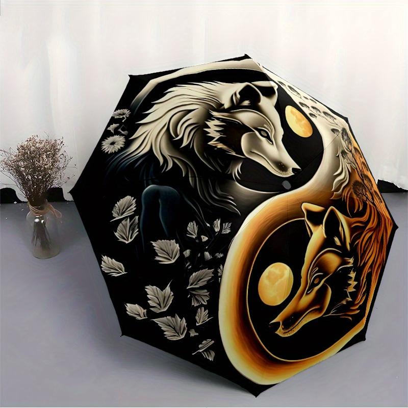 1pc Wolf Moon Compact Travel Umbrella, Automatic Folding Lightweight Windproof 8-Bone Reinforced Design, Portable for Backpack Durable Canop