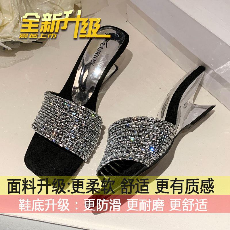 

Rhinestone temperament with skirt high heels cool slippers women s summer wear 2025 new French beautiful one-word sandals 35