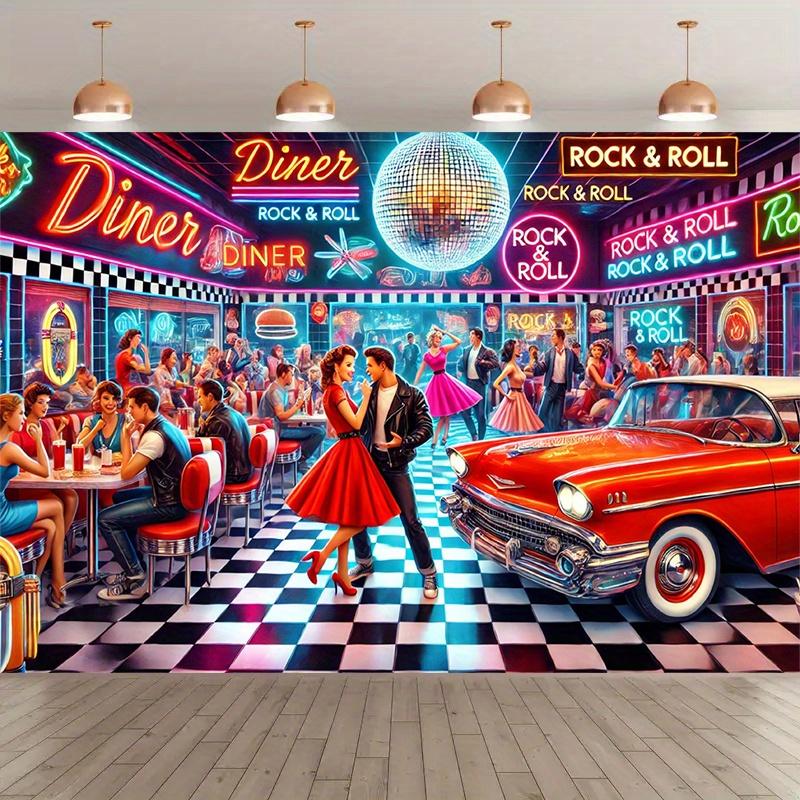 1 Vintage Restaurant Scene Photography Background - Rock Theme Vintage Car and Checkered Floor Design Rock Decoration