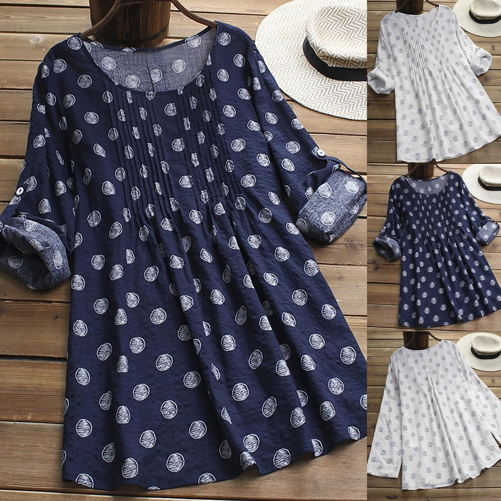 

Женская мода Горошек с длинным рукавом Средняя длина Повседневная свободная повседневная одежда