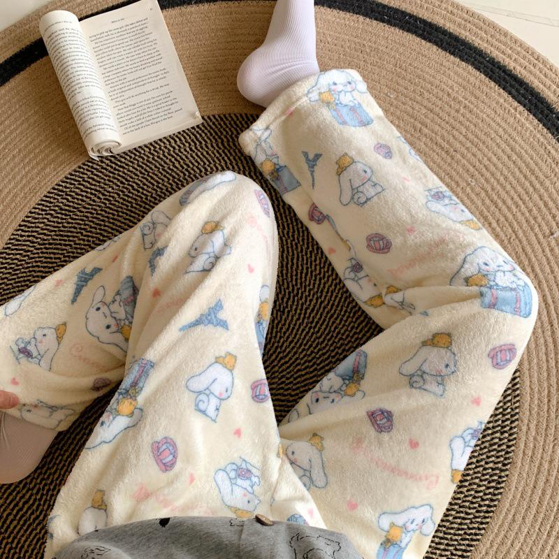 Korean Style Women's Cartoon Flannel Sleep Pants - Wearable Outdoors for Autumn and Winter 2025