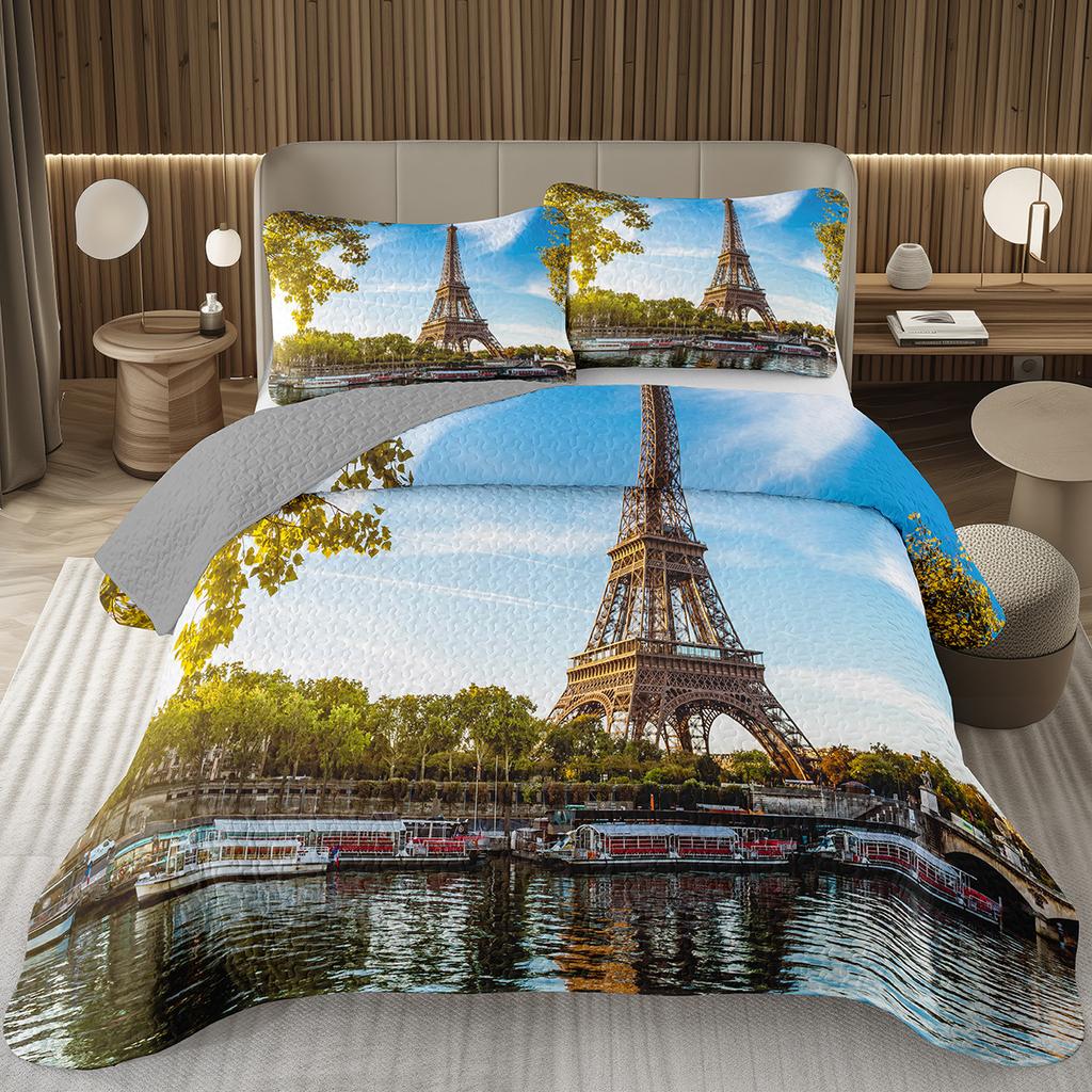 Eiffelturm Tagesdecke Vintage Paris Stadtlandschaft Quilt-Set Doppel-/Queen-Größe, Weiche Leichte Wendbare Tagesdecke für Mädchen Frauen