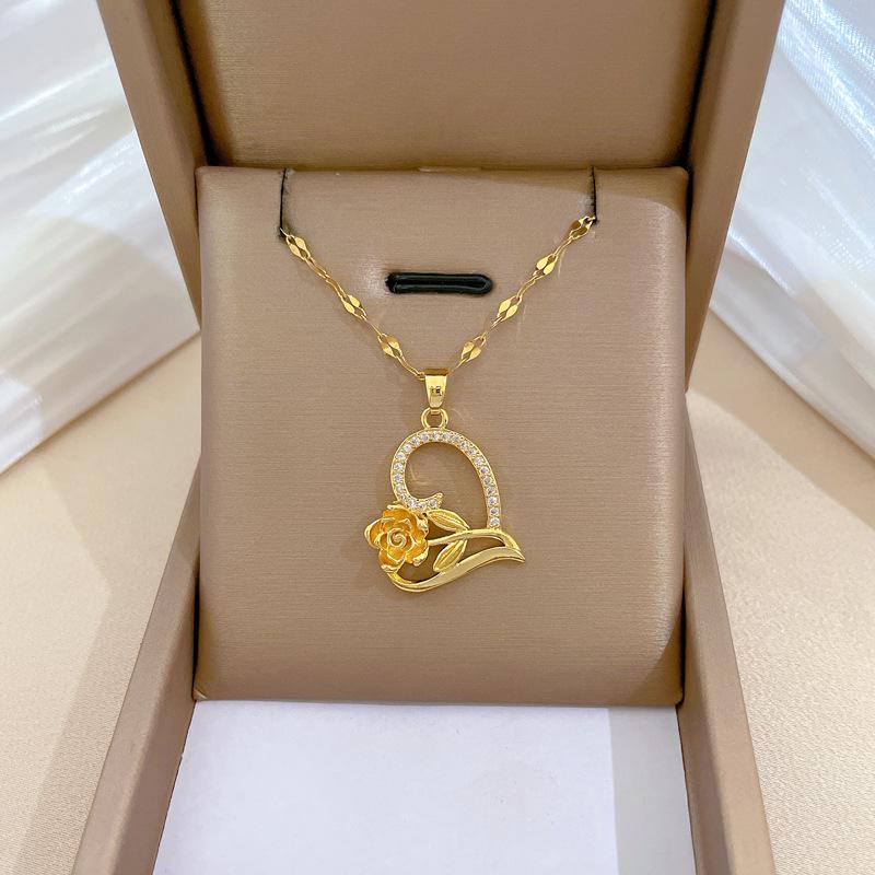 Love Rose Light Luxury Temperament Gorgeous Full Diamond Necklace Female Versatile Collarbone Chain Titanium Steel Chain
